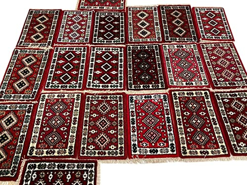 WAWA TEPPICH Handgeknüpfter Wollteppich Rot 40 x 60 cm | Handgeknüpfter Wollteppich aus 100 % Wolle, handgefertigt in Indien