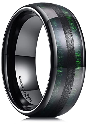 King Will Nature 8mm Mens Domed Green Wood Inlay Black Tungsten Carbide Ring Wedding Band 7