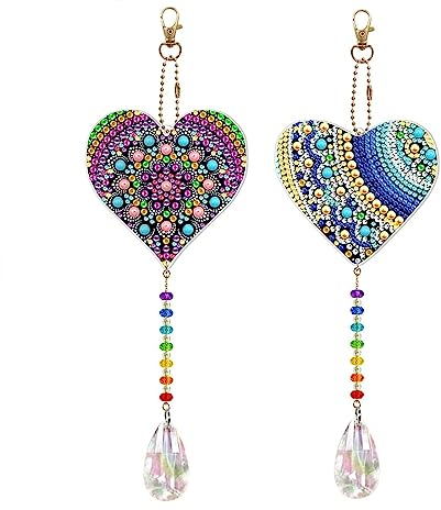 2 Stück Diamant Malerei Windspiele, Herz Diamond Painting Anhänger Hängender Handwerk Diamond Painting Full Strass mit Werkzeugtasche für Fenster Garten Außen