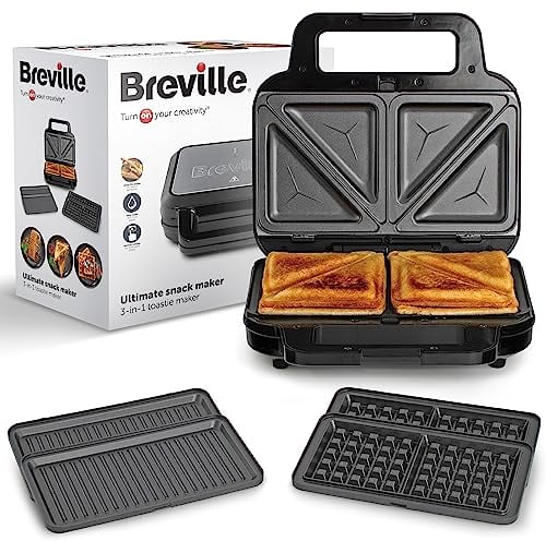 Breville Machine à collations ultime 3 en 1 | Machine à toastie, gaufrier et presse à panini à remplissage profond | Plaques antiadhésives amovibles | Noir et acier inoxydable [VST098] | Prise