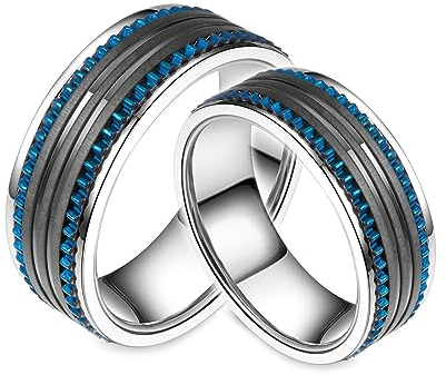 Gualiy Trauringe Paarpreis Titan, Partnerringe für Sie und Sie 8mm Zahnrad Ring Blau Schwarz Ringe Damen 65 (20.7)+ Herren 57 (18.1)