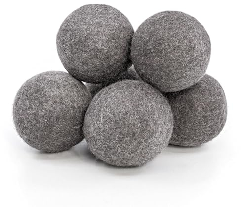 ELYN Wool Dryer Balls 6-Pack - XL, 100% New Zealand Wool, Reusable and Handmade. Fragrance-Free, Natural Fabric & Laundry Softener, Reduce Wrinkles, Static and Drying Time (Grey)
