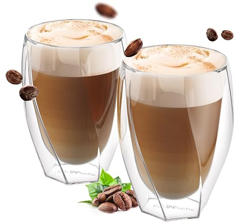 ElbFuchs® Latte Macchiato Gläser doppelwandig CURVED [2x 330ml] | Thermogläser doppelwandig | Cappuccino Tassen Glas | Kristallklare doppelwandige Gläser | Teegläser | Kaffeegläser