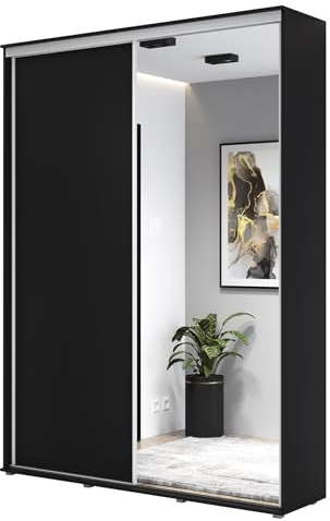 Meble Slupia - Garderobenschrank - Kleiderschrank mit Spiegel und Schiebetüren - 160x242x45 cm - Kleider Schrank Schlafzimmer mit Kleiderstange - ZUZA 01 Schwarz, Griff