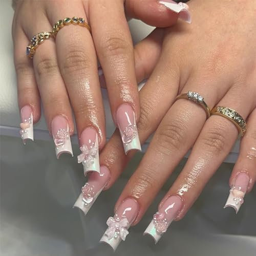 MouyouGlow Press on Nails Lang,Ballerina Rosa Glazed Donut French 3D Bow Blumen Herz Perle Fake Nails Kunstnägel mit Nagelkleber,Cute Coquette Künstliche Fingernägel