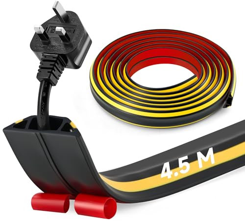 CREWORKS 4.5 m Floor Cord Cover, 3 Channel Cable Cover with Self-Adhesive Baking, Extension Cord Cable Protector, Flexible PVC Duct Wire Cable Management for Homes Offices Garages, Black & Yellow