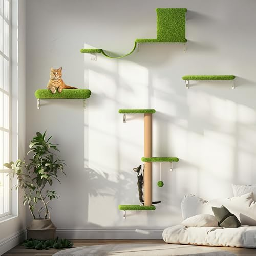 FUKUMARU Cat Wall Furniture Set - 4 in 1 Large Stable & Safe Wooden Climbing Wall With Scratching Post, Bridge, Bed - Stylish Jungle Gym for 16 Inch Drywall - Green
