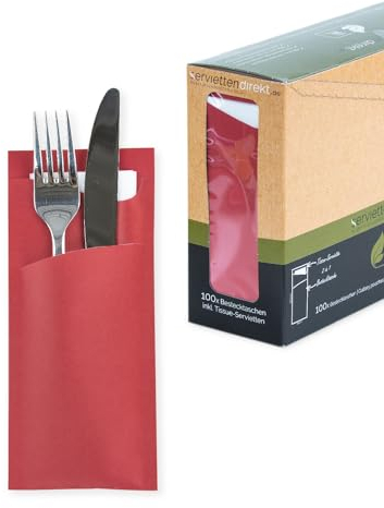 Prime Guest Prime Fit Lot de 100 sacs à couverts 85 x 190 mm avec serviette en blanc Idéal pour la restauration et les fêtes (rouge, 100 pièces)