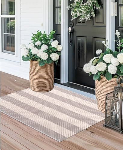 Grau-weiße mehrlagige Fußmatte, 61 x 88,9 cm, gestreift, für Veranda, Bauernhaus, waschbar, Outdoor-Teppich, Baumwolle, gewebt, für Eingang/Badezimmer/Hauseingang