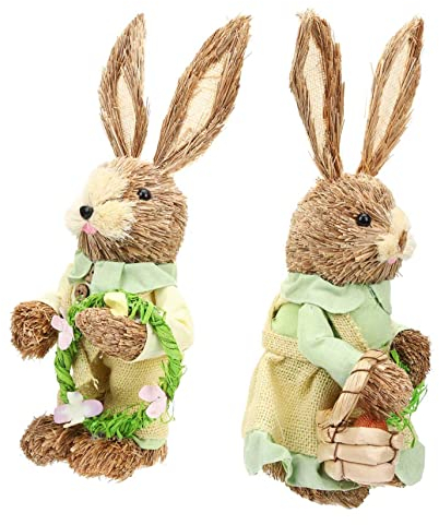 RORPOIR Osterhasen-Figuren-Set 2 Stück Handgefertigt Aus Stroh Gewebt Dekoration Entzückende Hasen-Statue für Die Raumdekoration
