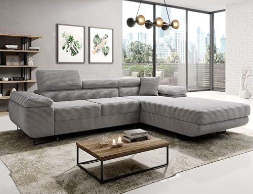 Easy4You Ecksofa NORBERG Kord L-Form Grau – 279x72x205 cm - Schlafsofa mit Bettkasten und Schlaffunktion - Eckcouch mit Stauraum – Rechts – Stoff Kord
