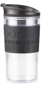 Bodum Tasse de voyage isotherme à double paroi avec couvercle, en plastique transparent avec manchon en silicone noir, 355 ml