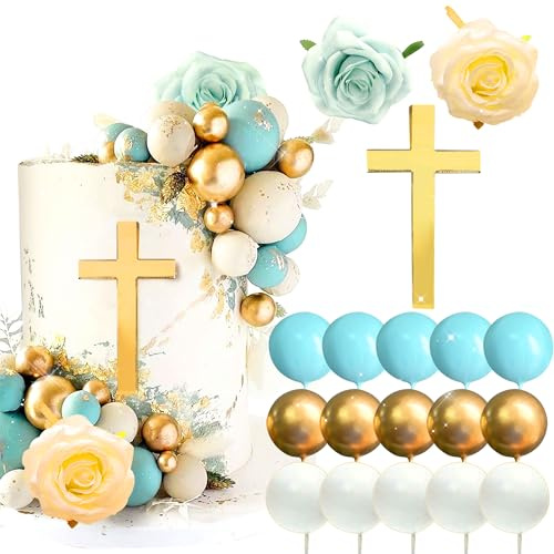 LaVenty Cross Cake Decorations Blue White Cake Topper Rose Cake Toppers | Baptism Cake DecorationBaby Shower Cake Decoration Wedding Cake Decorations Palm Leaves Cake Topper