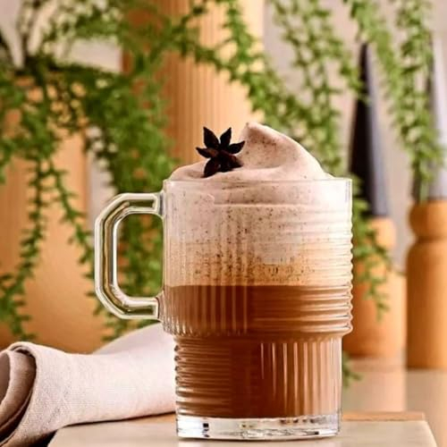 NORDIC SCHILLER 6er Set Kaffeeglas Teegläser mit Henkel, Stapelbare Gläser 270 cc, Hochwertiges Glas, Spülmaschinenfest für den Stilvollen Genuss Zuhause, Bars und Restaurants, Cocktail Glaswaren Set