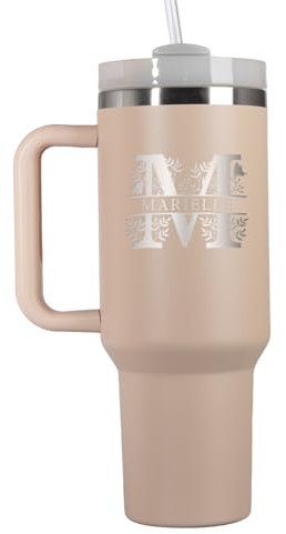 Großer Trinkbecher mit Strohhalm Personalisiert | 1200ml Thermobecher mit Deckel und Strohhalm | Trinkflasche mit Gravur | Spülmaschinenfest | Geschenkidee Ostergeschenke für Frauen | Rosé Monogramm