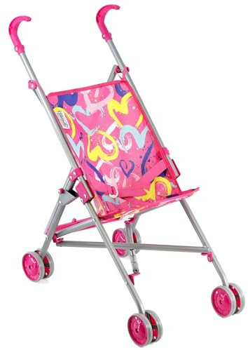 BiBi Doll Pink Hearts Dolls Stroller – Foldable Buggy with Safety Belt – Portable Pushchair for Baby Dolls up to 20” – Role Play Toys for Boys & Girls Aged 3 Years and Above