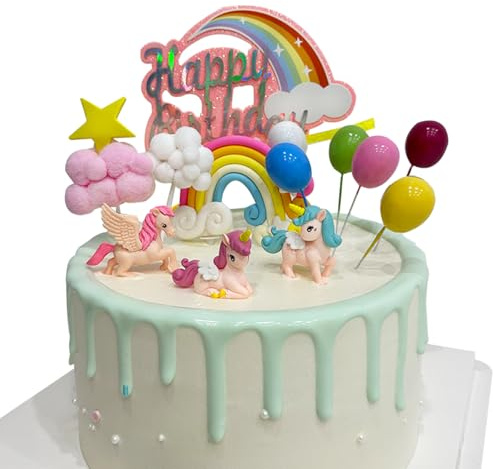 Einhorn Tortendeko Geburtstag, Tortendeko Mädchen Neu, Einhorn Kuchen Topper Set, Macaron Kuchen Deko Happy Birthday Girlande Torte Topper für Kinder Mädchen 17 Stück