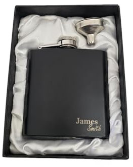 Personalised Hip Flask with Your Name or Text + Satin Lined Gift Box and Gift Ribbon, Laser Engraved Stainless Steel 6oz Flask