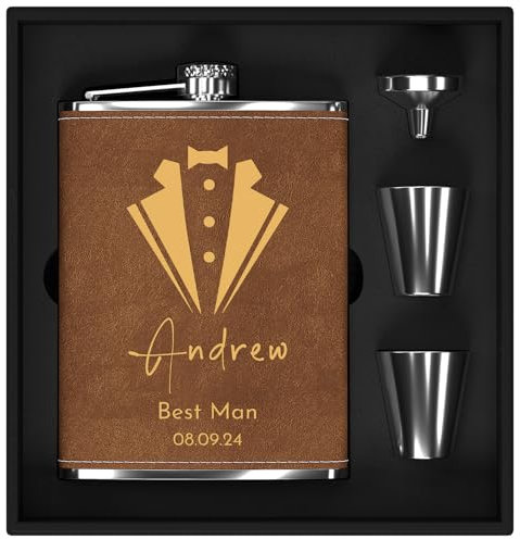Flachmann Set mit Gravur für Hochzeit, Flachmann Edelstahl Personalisiert 8oz/237ml für Trauzeugen Geschenke, Gravierter Flachmann für Männer Bräutigam Mitglieder der Trauzeugengruppe((Braun)