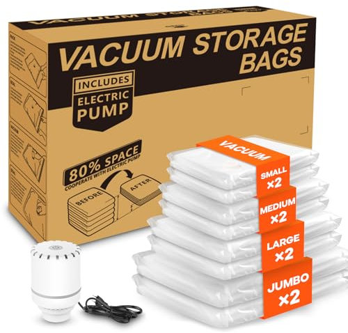 Vacbird Vacuum Storage Bags for Clothes, 8-pack Vacuum Bags with Electric Pump(2J +2L + 2M + 2S), Reusable Space Saver, for travel, Clothes Storage, Duvets Bedding