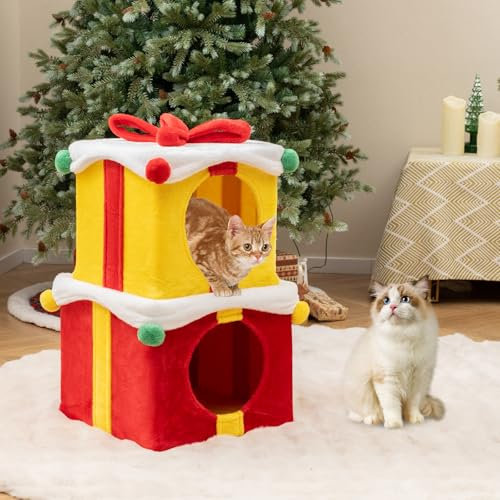 COSTWAY 2-stöckige Katzenhöhle Weihnachten, stapelbare Geschenkboxen mit Schleife & Ball, Katzenhaus mit Plüschbezug, Katzenbett Katzen, Katzenmöbel Indoor, Rot + Gelb