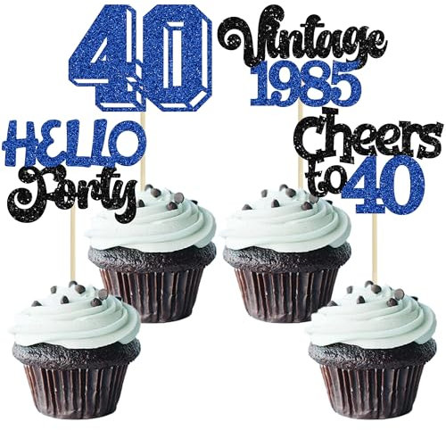 Gyufise 24Pcs Happy 40th Birthday Cupcake Toppers Star 40 Hello Forty Vintage 1985 Cupcake Picks Cheers to 40 Birthday Decorations for 40th Birthday Anniversary Party Decorations Supplies Blue