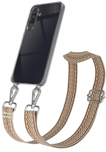 EAZY CASE Handykette - Verstellbares Taschenband kompatibel mit Galaxy A55, Schulterriemen, Handykordel mit Silikon Hülle, Umhängetasche, Beige Braun Silber