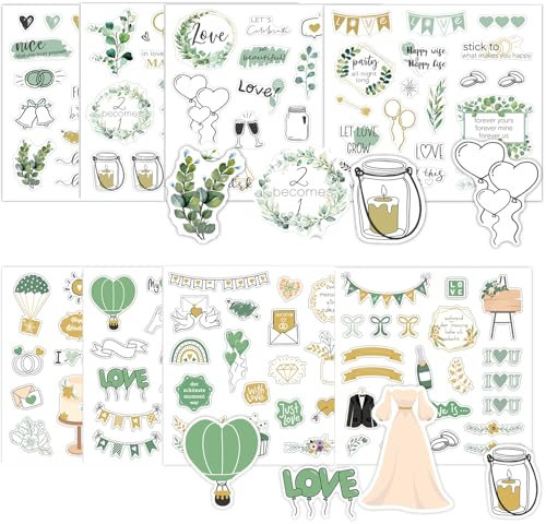 8x Sticker Hochzeit Gästebuch,Aufkleber Hochzeit Fotoalbum Aufkleber Scrapbooking Eukalyptus Grün Vintage Liebe Sticker für Gästebuch Fotoalbum Gastgeschenke Hochzeitsdeko