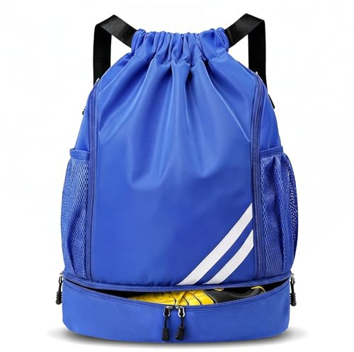 Adfuenom Kinder Sporttasche Turnbeutel Sportrucksack Sportbeutel Blau | Wasserdichter Schwimmrucksack mit Schuhfach für Jungen, Damen, Herren. Basketball, Fussballtasche, Netztaschen, Reflektoren.