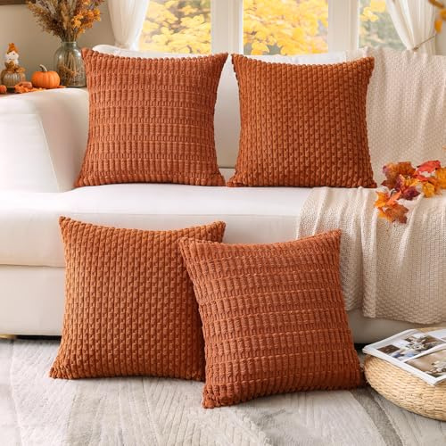 Sungeek 4er Set Cord Kissenbezüge Herbst, Dekorativ Zierkissenbezüge Weich Kissenbezug Dekokissen Sofakissen Boho Deko Bezug Kissenhülle für Schlafzimmer Wohnzimmer (Gestreifte Kordsamt, 45x45 cm)