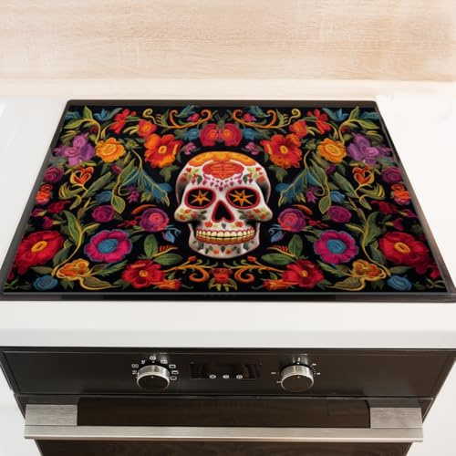 Diatomite Stove Top Covers 28x20 inches Dust-Proof Dish Drying Mat for Gas and Electric Ranges-Skull Surrounded By Colorful Mexican Floral Patterns
