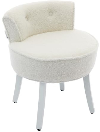 Warmiehomy Dressing Table Chair, White Makeup Vanity Stool for Dressing Table, Dressing Room, Bedroom, Living Room, with White Wooden Legs and Tufted Back, Teddy Velvet