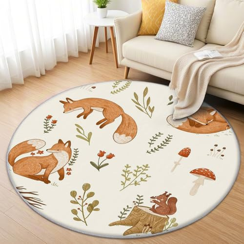 AevuCub Fuchs Teppich Rund 90 cm Kurzflor - Waschbare Teppiche Wohnzimmer Kinder Cartoon Tiere - Runder Teppich 90 Durchmesser Kinderzimmer - Bettvorleger Schlafzimmer rutschfest Weich