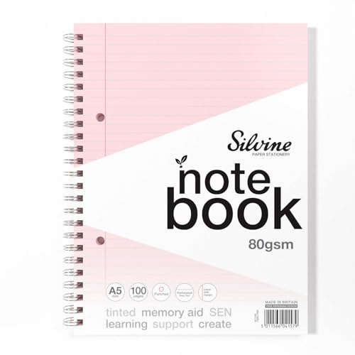 Silvine A5 Pink Paper Dyslexia Notebook | 100 Wirebound Pages, 80gsm Tinted Paper for SEN Supportive Learning & Memory Aid (Pink)