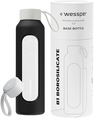 Wessper Borraccia in Vetro 500ml, Bottiglia Motivazionale – Nero | bottiglia di vetro con tappo con scala motivazionale, bottiglie con Custodia in Silicone, Senza BPA