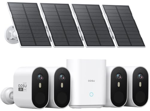 aosu 2K Überwachungskamera Aussen Solar Akku Kit, 32G Lokal, Farb-Nacht | 4 Cam Kit, Ohne Abo erforderlich, 166° Weitwinkel, 365 Tage Akku, PIR-Erkennung, 2-Wege, IP66, für Haus & Grundstück