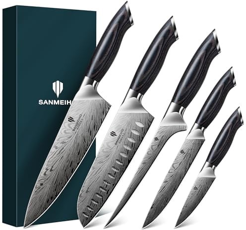 SANMEIHO Set Coltelli Cucina Giapponesi 5 Pezzi Acciaio in Polvere | Set Coltelli da Chef Professionale 63 HRC Ultra Affilato 12°, Manico Ergonomico in Legno Naturale