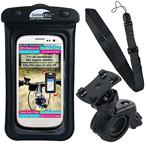 SwimCell Support Téléphone Étanche Vélo Moto Guidon Pochette Waterproof Smartphone Apple Samsung Android. Circonf. 6.5-9.5 Cm. Rotation 360°. IPX8. Détachement Rapide. Téléphone Jusqu'à 16.5cm