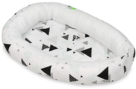 Velinda Kuschelnest Babynest Babynestchen Nestchen Reisebett Kuschelbett 100% Baumwolle (Muster: mintfarbene Dreiecke - weiß)