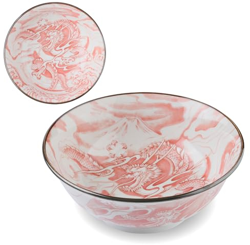 product of gifu japan Mino Ware Japanese Wide Mouth Ceramic Bowl, Udon Ramen Noodle Soup Bowl, Dragon Design, Red