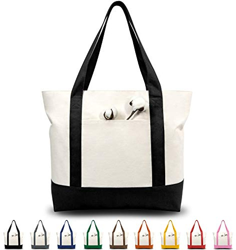 TOPDesign 1 | 3 | 6 | 30 Pack Canvas Tote Bag with an External Pocket, Reusable Grocery Shopping Bag, Top Zipper Closure, Daily Essentials (Black/Natural Pack of 1)
