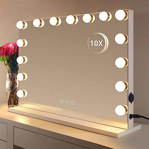 HOMPEN Großer Kosmetikspiegel mit Lichtern, beleuchteter Make-up-Spiegel mit 15 Dimmer-Glühbirnen, Hollywood-Stil, großer Kosmetikspiegel mit 3 farbigen Lichtern, 10-fache Vergrößerung, Weiß