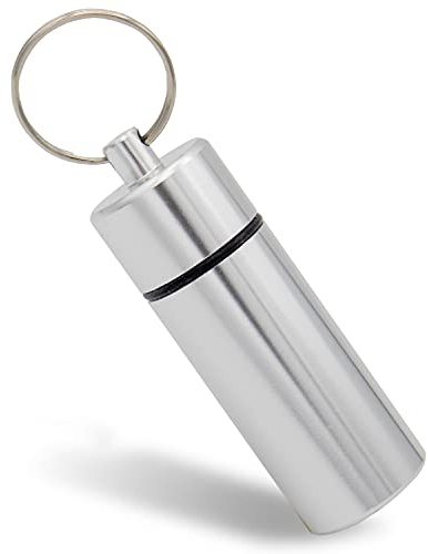 Aribari Pillendose aus Aluminium mit Schlüsselring. Wasserdichte Tablettenbox. Notfallkapsel. Geschenkanhänger oder Adressanhänger. Länge 6,8 cm ø 2,2 cm. Silber