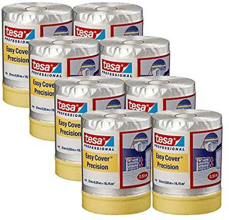tesa Easy Cover 4365 Präzision - 8er Pack - Malerfolie mit Malerband zum Abkleben und Abdecken bei Malerarbeiten - 2-in-1 Abklebeband mit Folie - transparent - je 33 m x 0,55 m