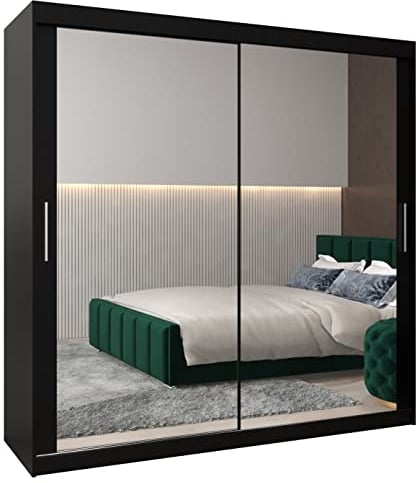 MEBLE KRYSPOL Tokyo 3 200 Schlafzimmerschrank mit Zwei Schiebetüren, Spiegel, Kleiderstange und Regalen – 200x200x62cm - Mattschwarz