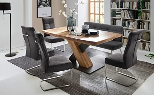 expendio Essgruppe Meo B Wildeiche massiv 180(270) x78x100 cm + Schwingstuhl + Bank Talida anthrazit Tischgruppe Esszimmer ausziehbar