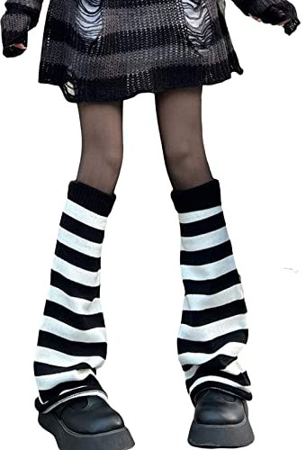 Women Girls Japanese Style Leg Warmer Kawaii Knit Boot Socks 90s Solid Striped Gothic Crochet Leg Warmers (Black-White, One Size)