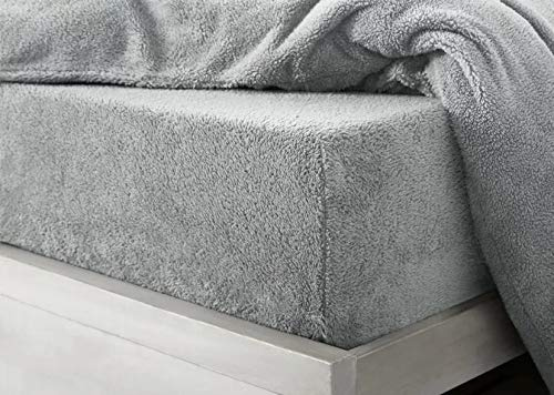 HOMES-LINEN Teddy Fitted Sheet Extra Deep 30cm Deep Fitted Bed Sheet Soft Cosy Warm Teddy Bed Sheet (Silver, King)