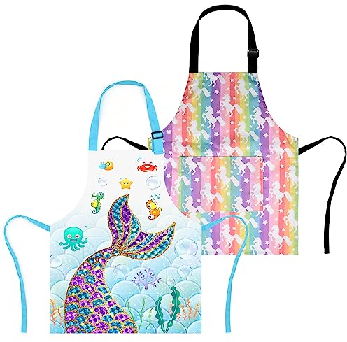 XonyiCos 2er-Pack Kinder Jungen Dinosaurier Schürzen, Mädchen Einhorn Schürze zum Kochen Malen Chef Cartoon Schürze für Kinder 3-12 Jahre (Meerjungfrau Einhorn, 6-12 Jahre)