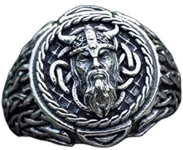 PikaLF Odin Ring für Männer, nordischer Wikinger Odin Kopf Ring, Wikinger Keltischer Knoten Ring, Vintage Kelte Odin Amulett Ring, Odin Krieger Totem Stammesring Silber Schwarz, Punk Wikinger Schmuck